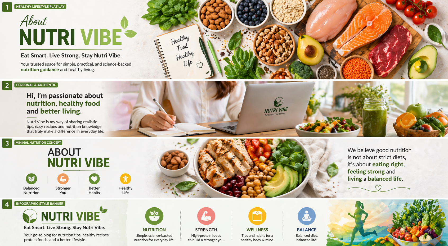 Healthy lifestyle flat lay with fruits, vegetables, nuts, and protein foods representing Nutri Vibe nutrition blog