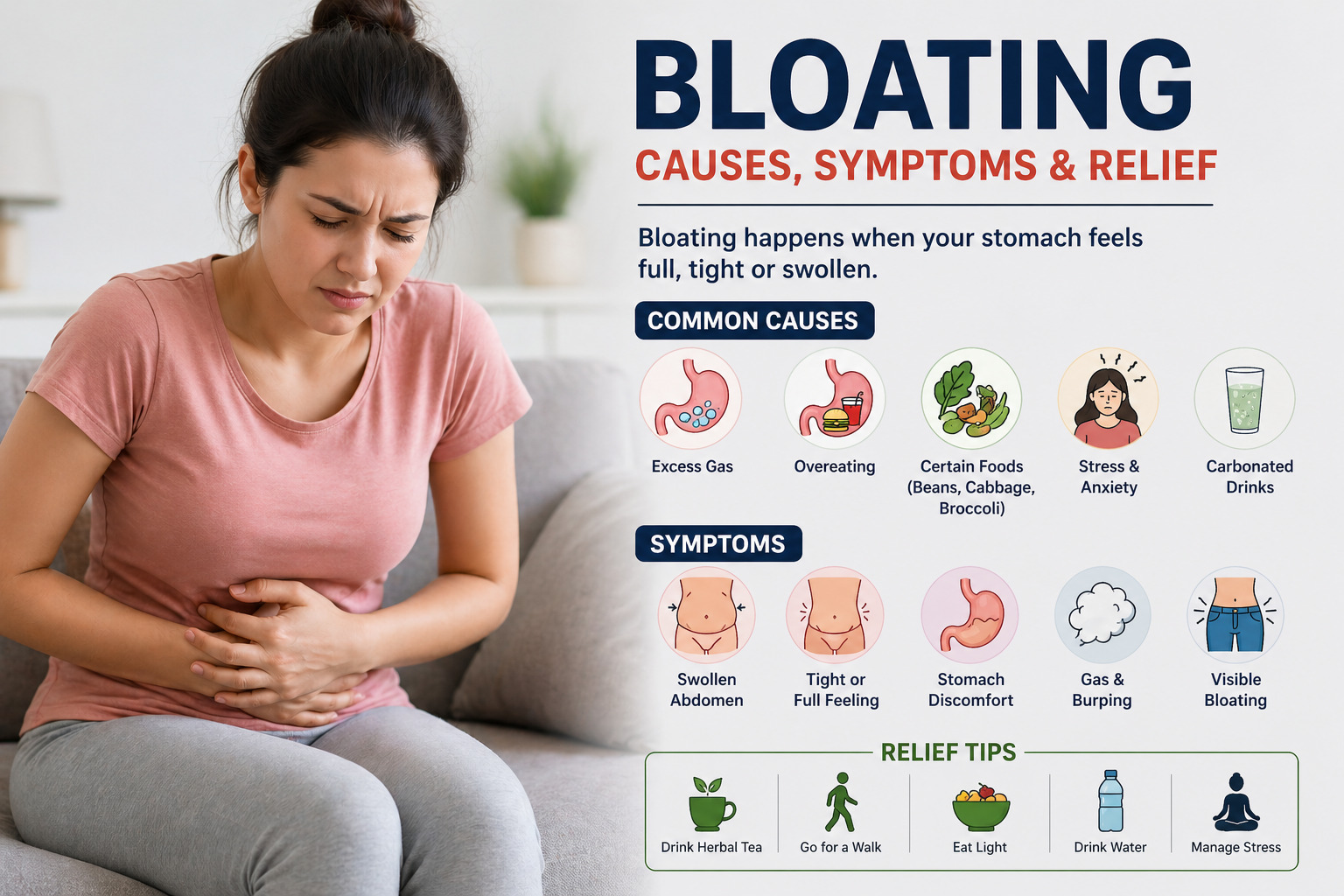 Woman experiencing stomach bloating pain with infographic showing causes, symptoms, and relief tips
