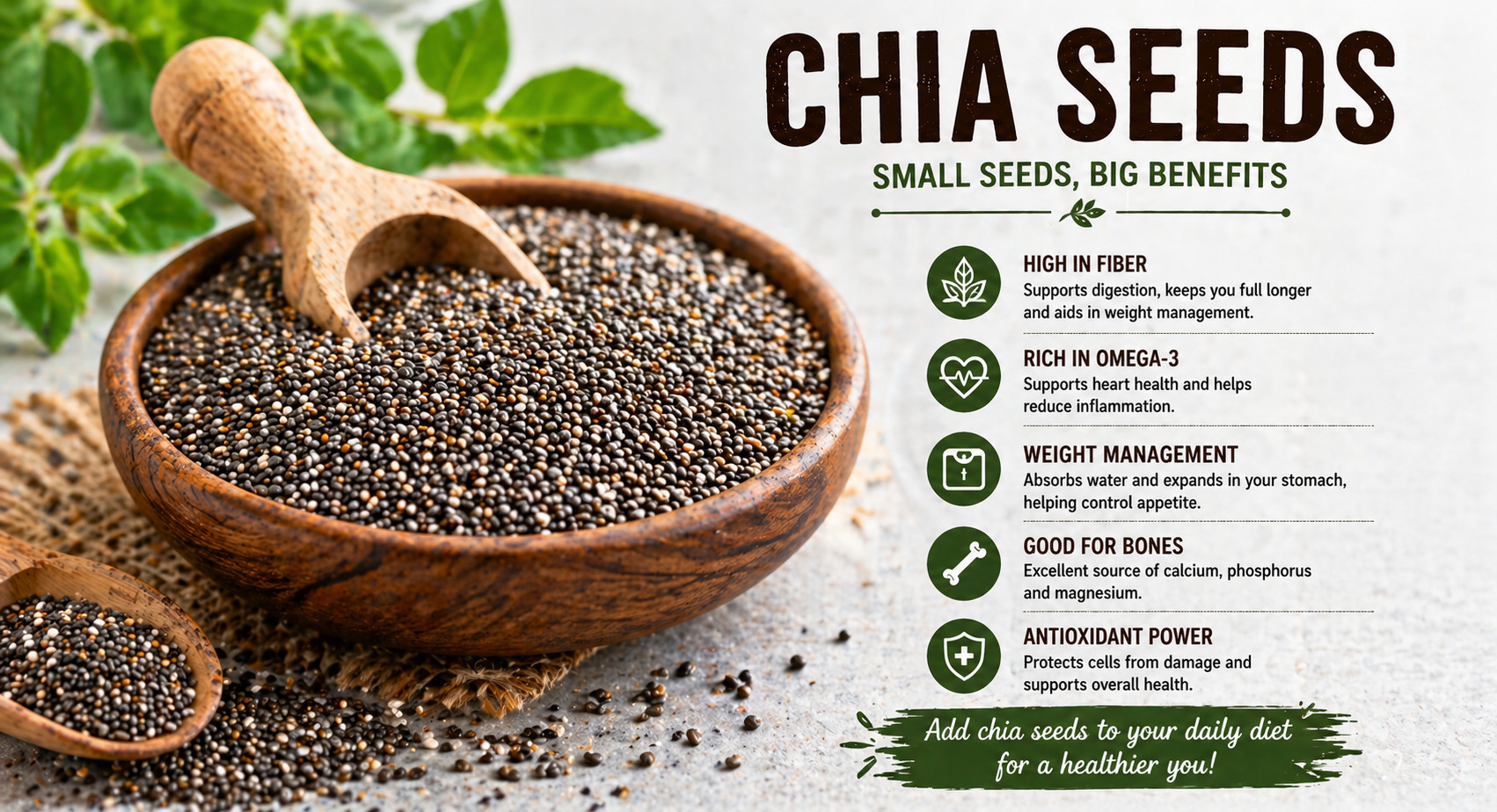 Chia seeds in a wooden bowl showing their small black and white texture with health benefits