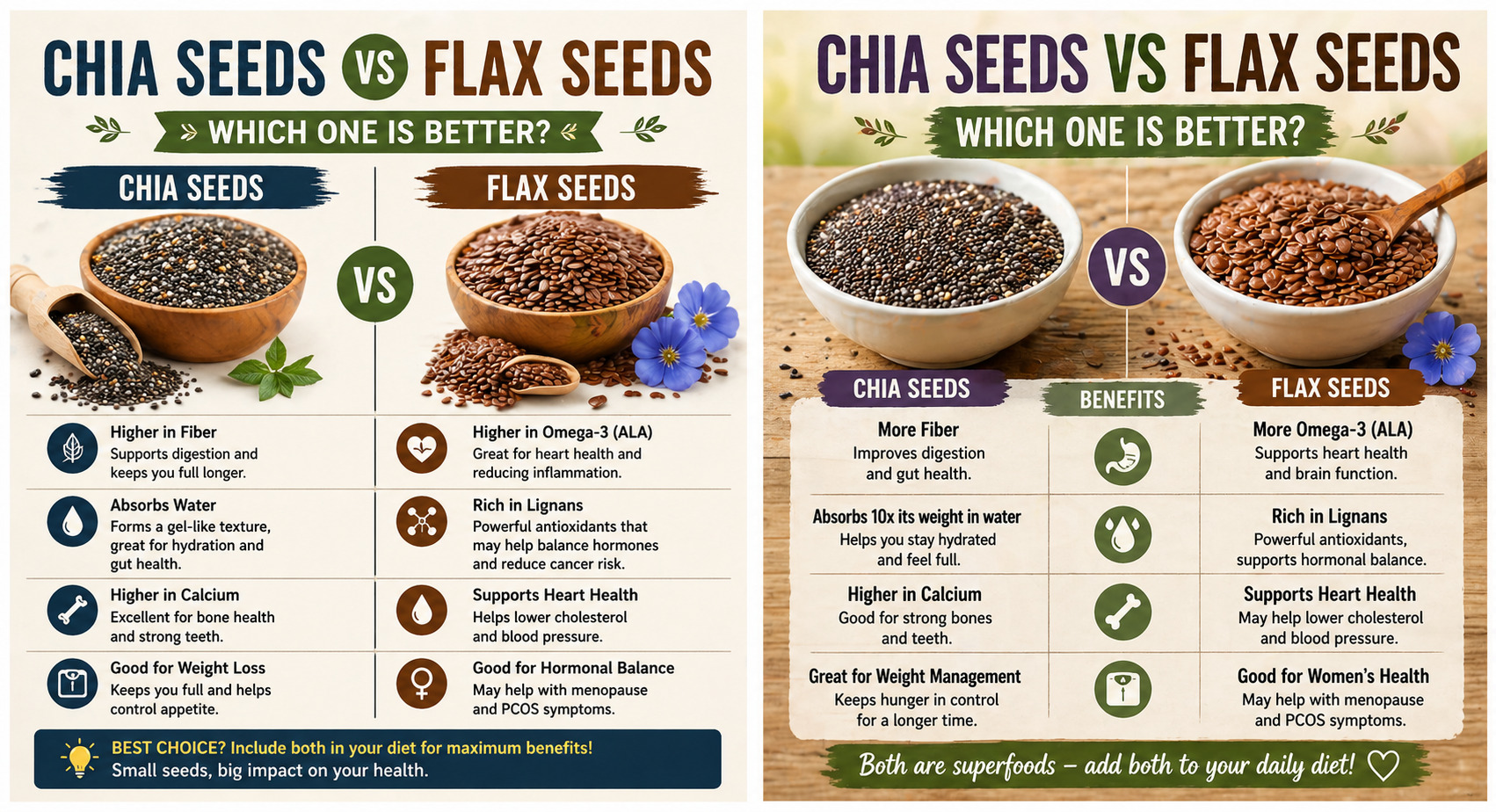 Chia seeds vs flax seeds comparison showing their benefits, nutrition, and differences