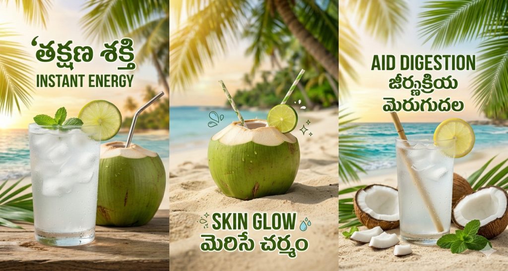 Coconut water bottle with fresh coconuts and tropical leaves background