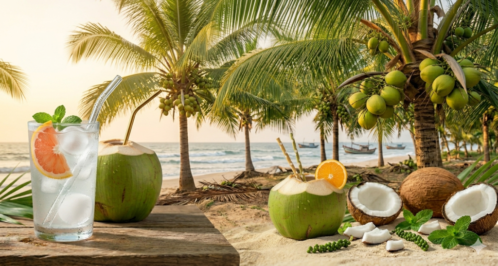 Glass of coconut water with splash and fresh coconuts on marble surface