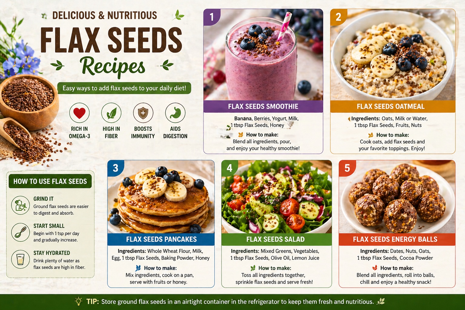 Flax seeds recipes infographic showing smoothie, oatmeal, pancakes, salad, and energy balls with healthy ingredients