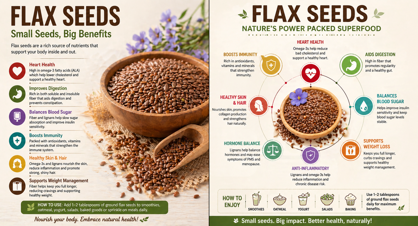 Flax seeds in a wooden bowl with health benefits infographic showing heart health, digestion, and immunity support
