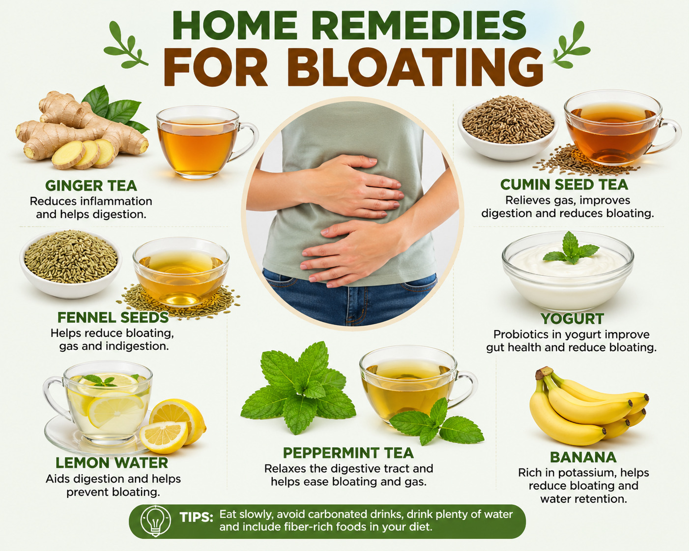 Home remedies for bloating including ginger tea, fennel seeds, yogurt, peppermint tea, lemon water, cumin tea, and banana for digestion relief