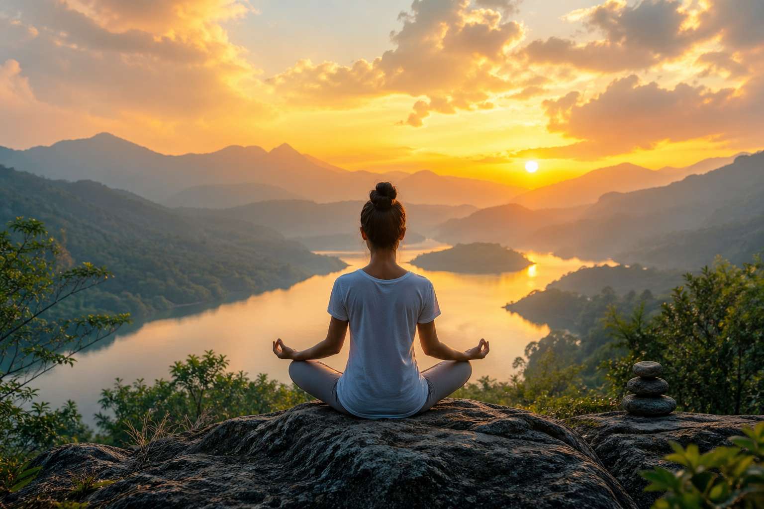 Meditation at sunrise near lake peaceful nature scene person practicing mindfulness