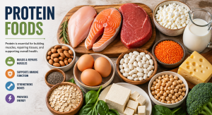 High protein foods infographic featuring chicken, salmon, eggs, milk, cheese, lentils, beans, almonds, and oats with health benefits like muscle growth and energy”