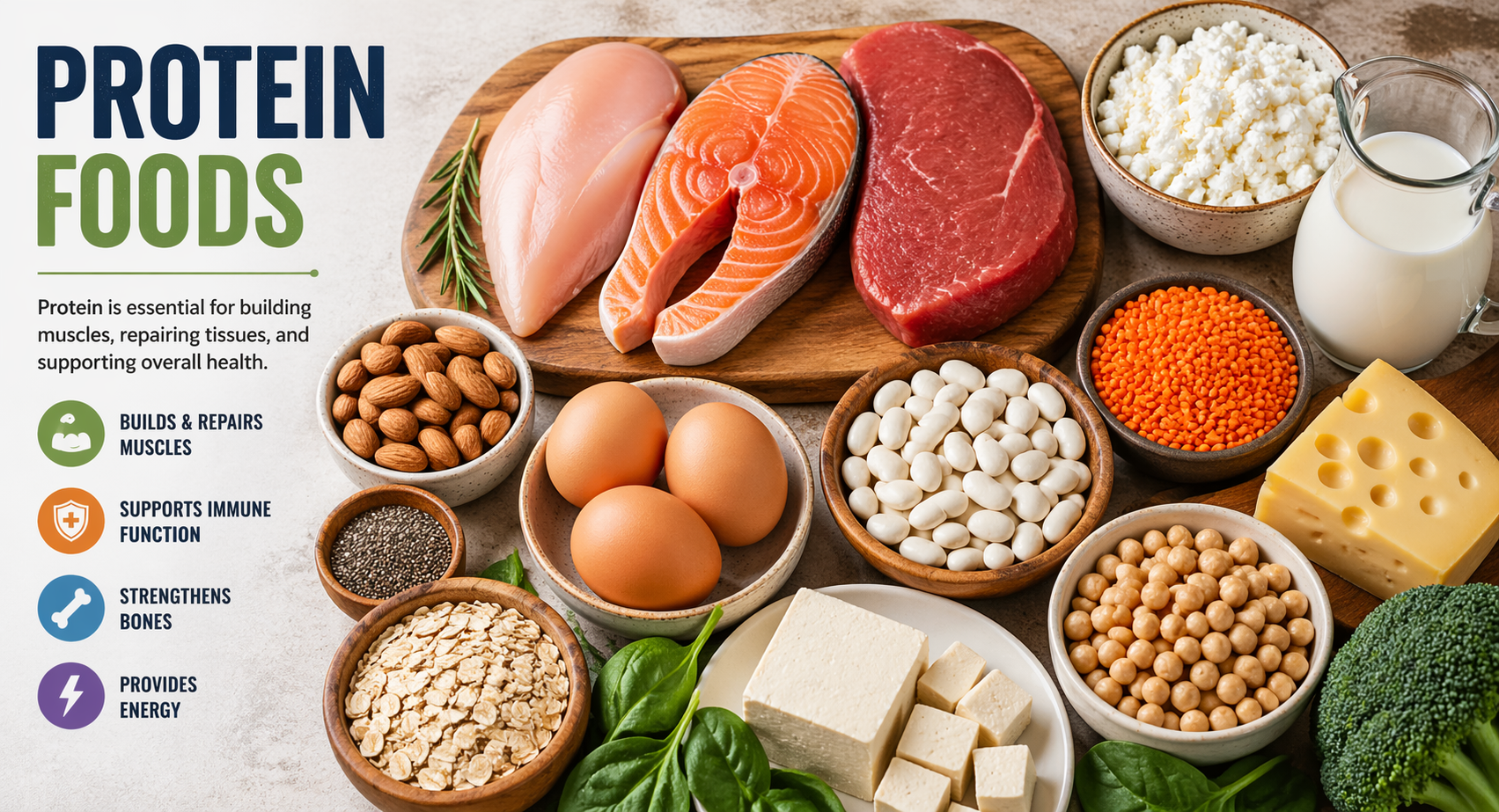 High protein foods infographic featuring chicken, salmon, eggs, milk, cheese, lentils, beans, almonds, and oats with health benefits like muscle growth and energy”