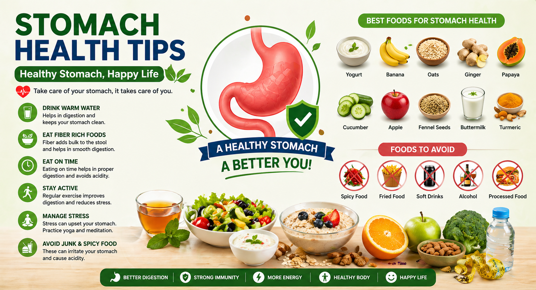 Best foods for stomach health and foods to avoid infographic with digestion tips