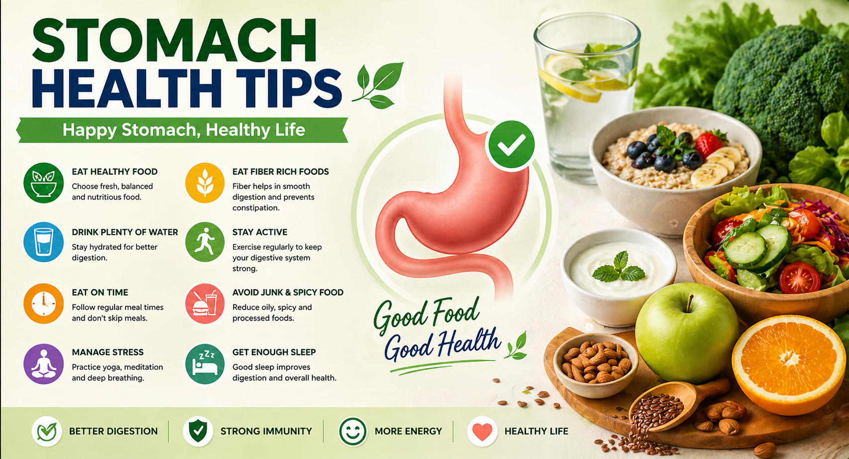 Stomach health tips with healthy foods like oats, fruits, yogurt, and vegetables