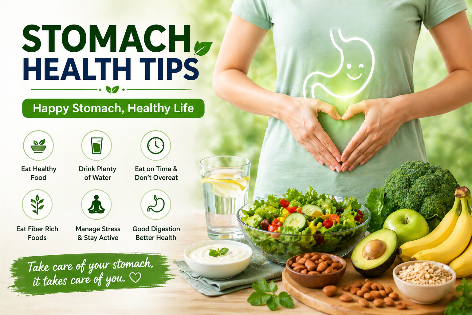 Stomach health tips with healthy foods, fruits, vegetables, and digestion care concept