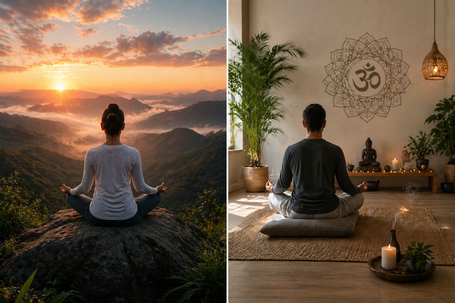 Meditation at sunrise on mountain peaceful nature mindfulness practice