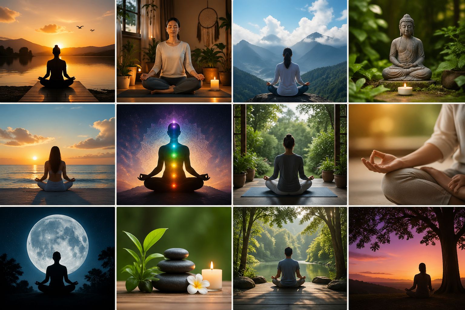 Meditation collage showing multiple mindfulness practices indoor outdoor peaceful scenes