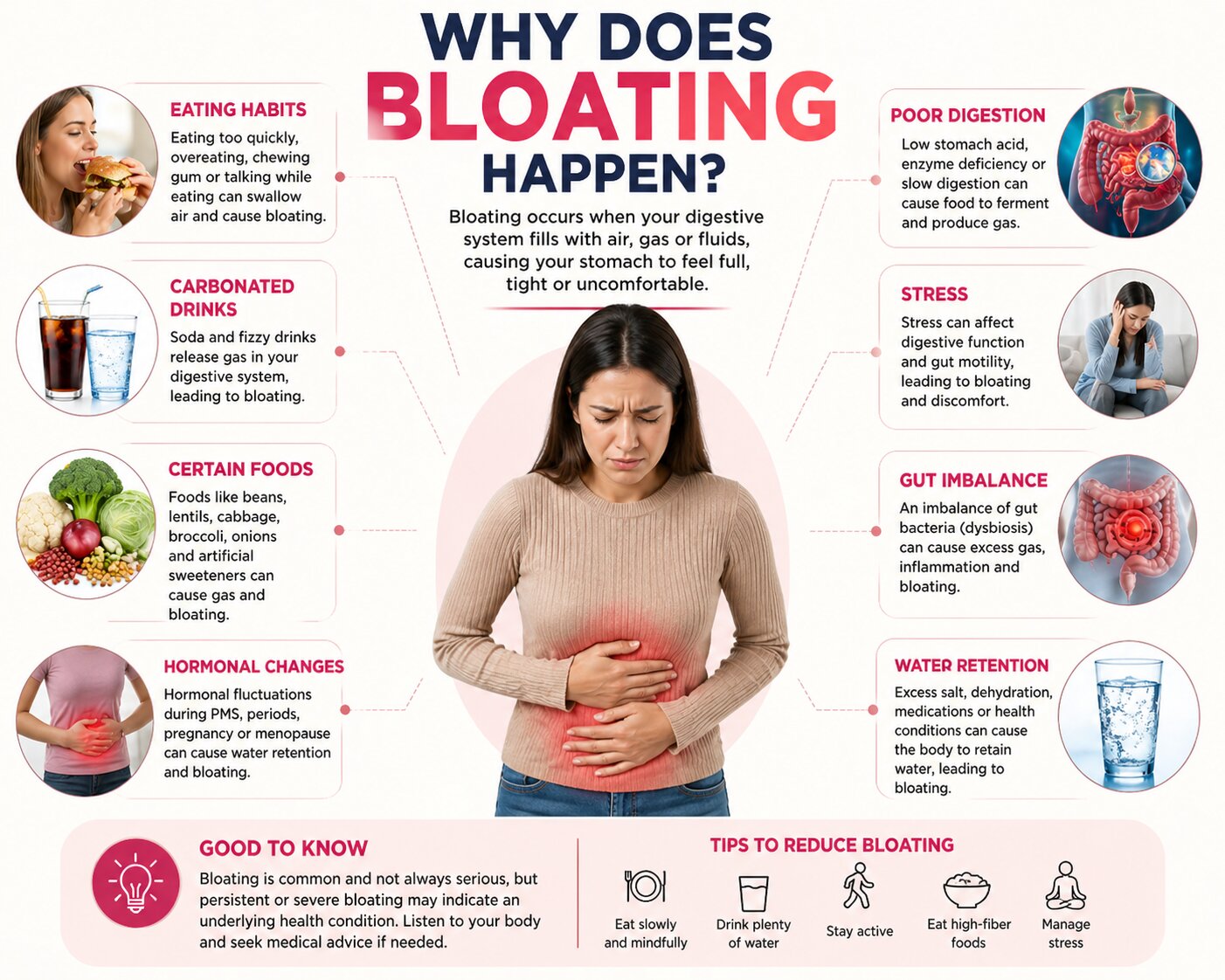 Why bloating happens infographic showing causes like poor digestion, gas, stress, gut imbalance, carbonated drinks, and hormonal changes
