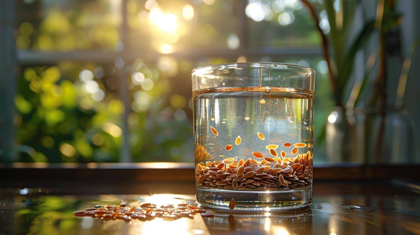 Flax seeds soaking in a glass of water forming gel-like texture for better digestion and nutrient absorption