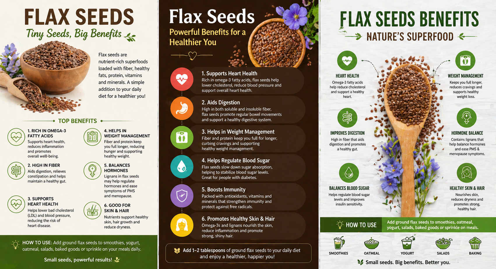 Flax seeds in a wooden bowl with health benefits infographic showing heart health, digestion, and immunity support