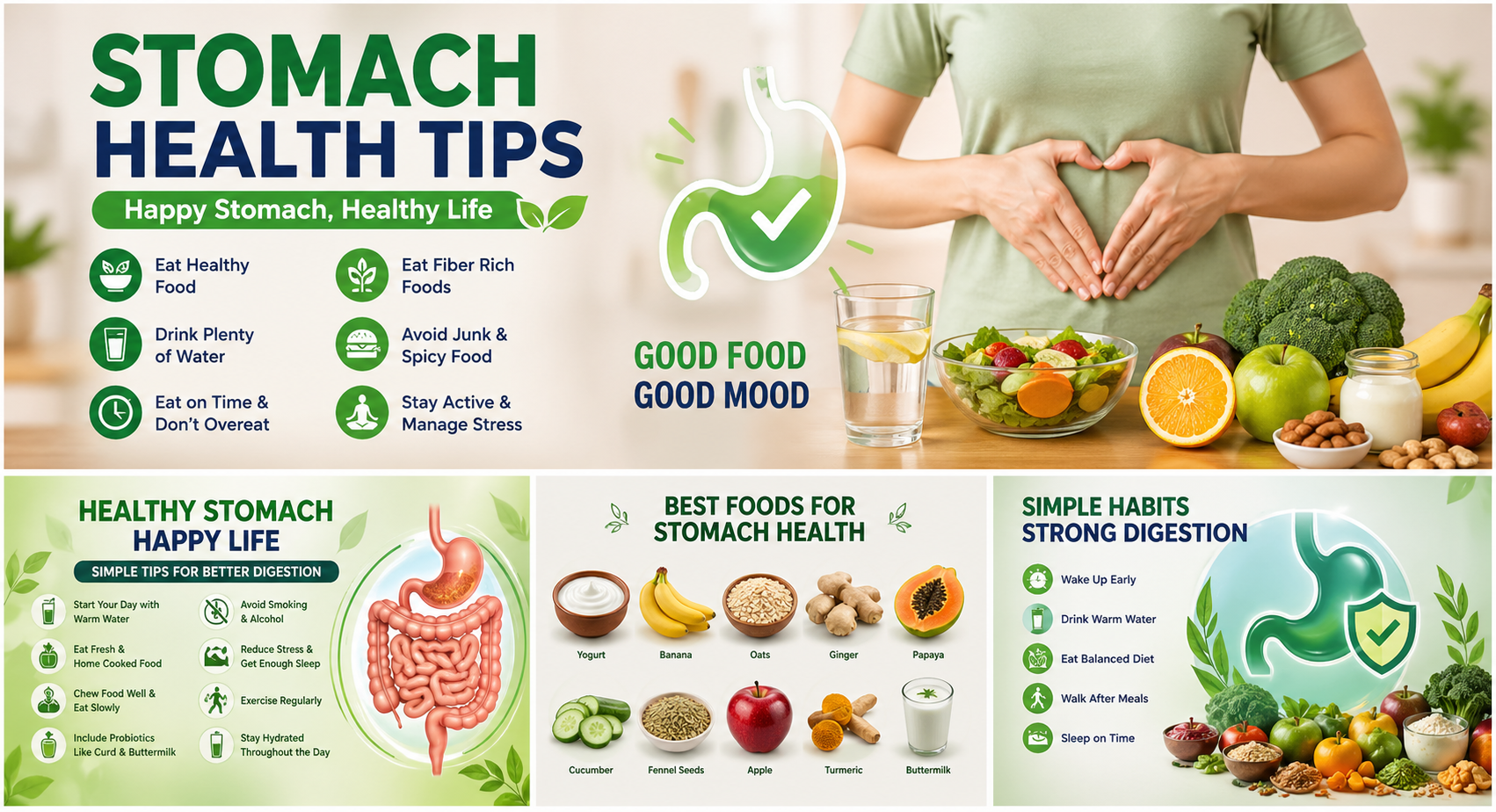 Healthy stomach tips infographic with fruits, vegetables, and digestion advice
