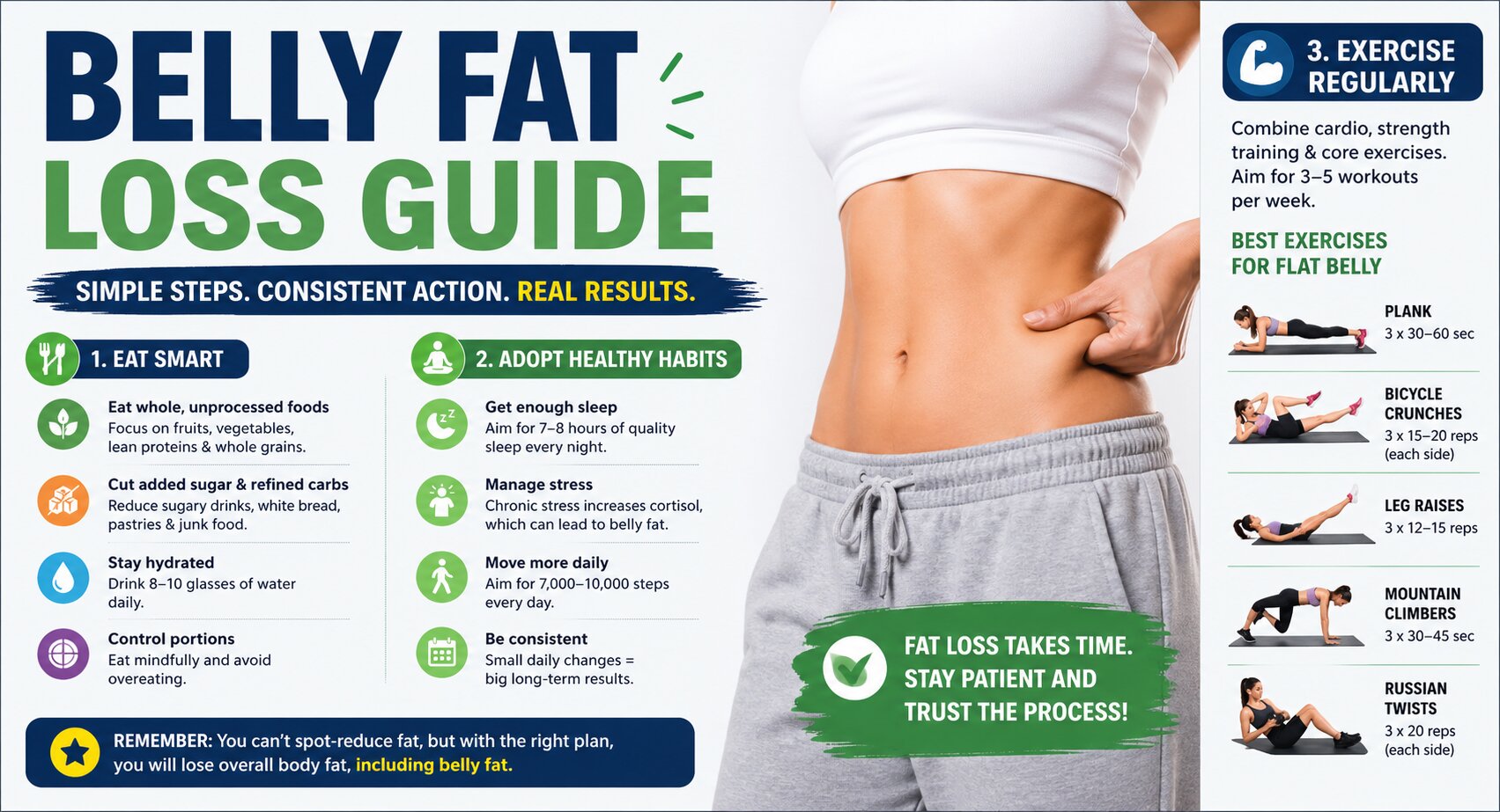 Belly fat loss guide infographic with diet tips, exercise routine and healthy lifestyle habits