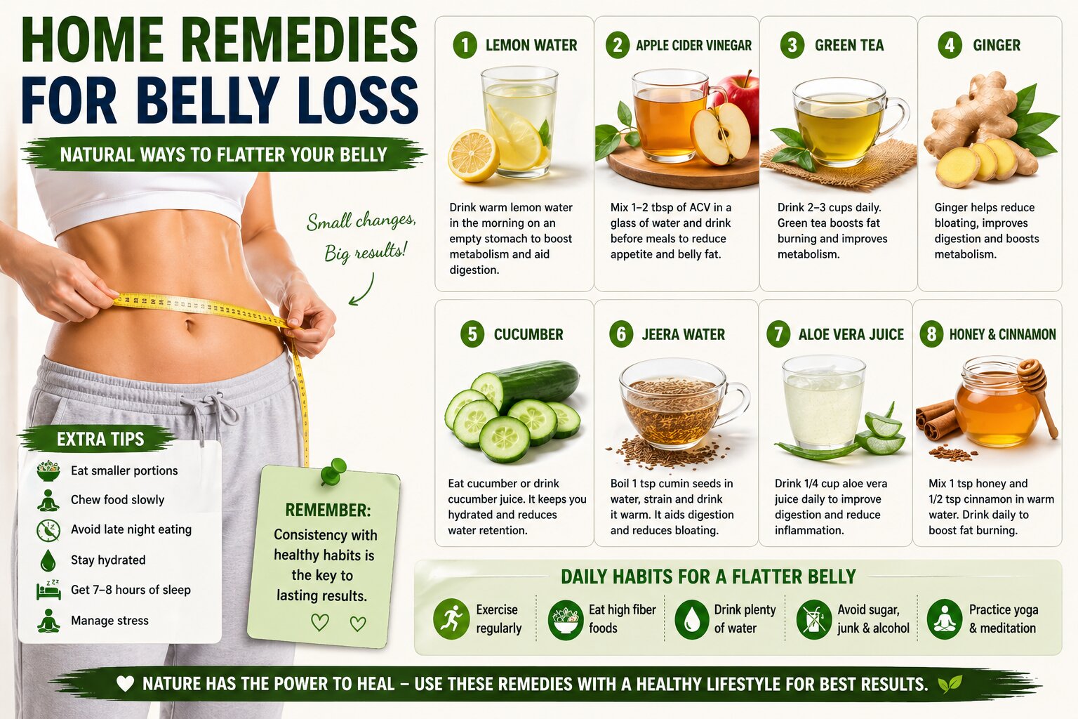Home remedies for belly fat loss infographic with lemon water, green tea, ginger and jeera water