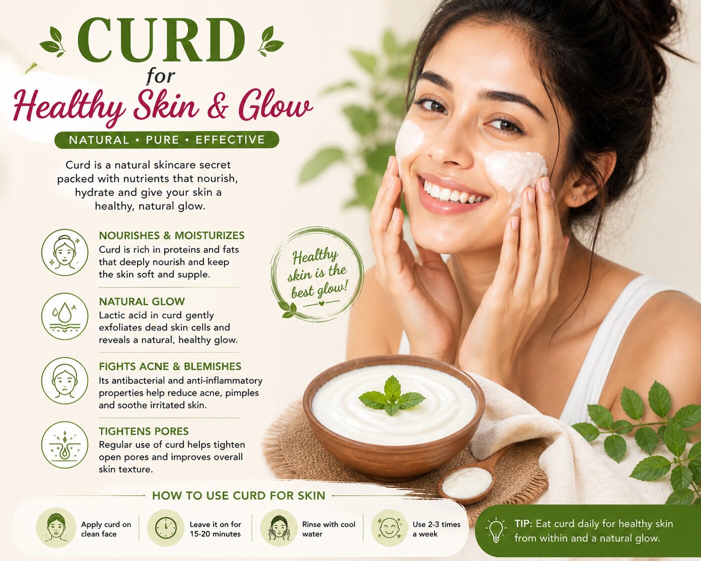 Woman holding bowl of curd showing benefits of yogurt for skin hydration and natural glow