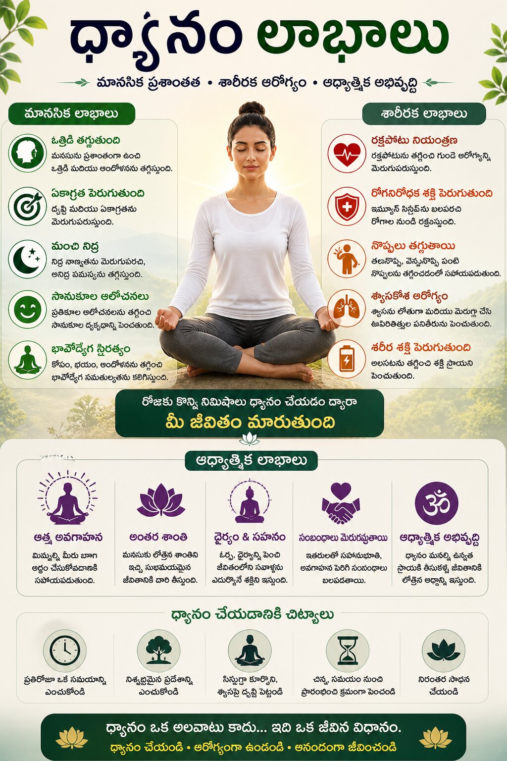 ధ్యానం లాభాలు తెలుగులో మనసు శాంతి శరీర ఆరోగ్యం మరియు ఆధ్యాత్మిక అభివృద్ధి కోసం meditation benefits infographic
