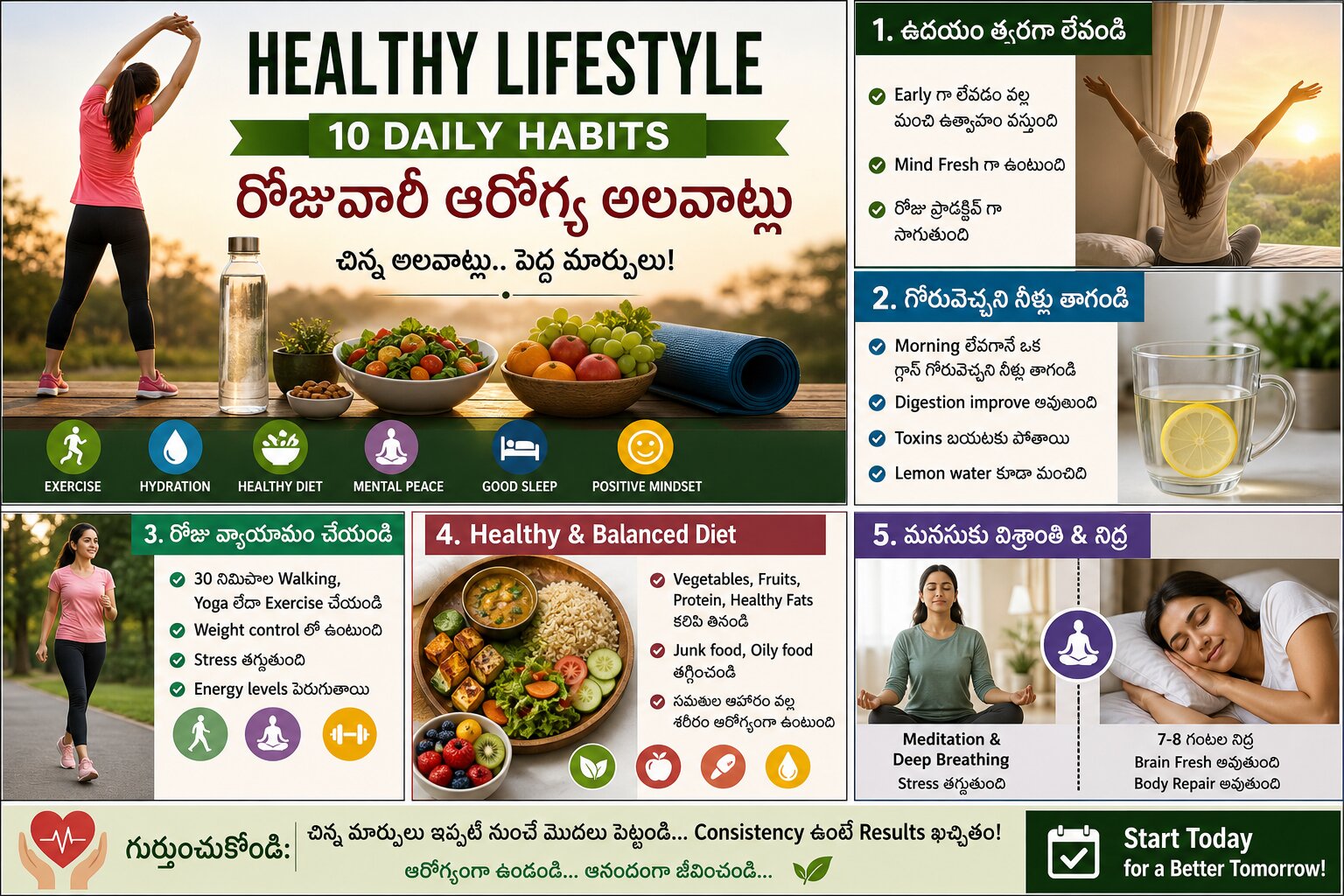 Healthy lifestyle routine with fruits, exercise, and hydration | ఆరోగ్య జీవనశైలి