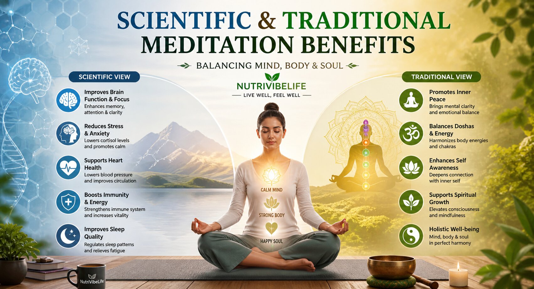 Scientific and traditional meditation benefits for mind and body including stress relief, focus improvement, and inner peace