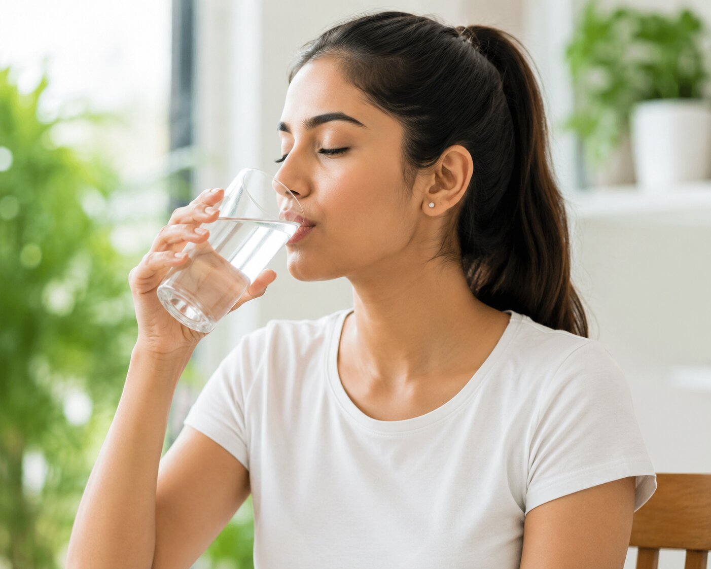 Person drinking water from a glass indoors to stay hydrated for healthy skin and hair