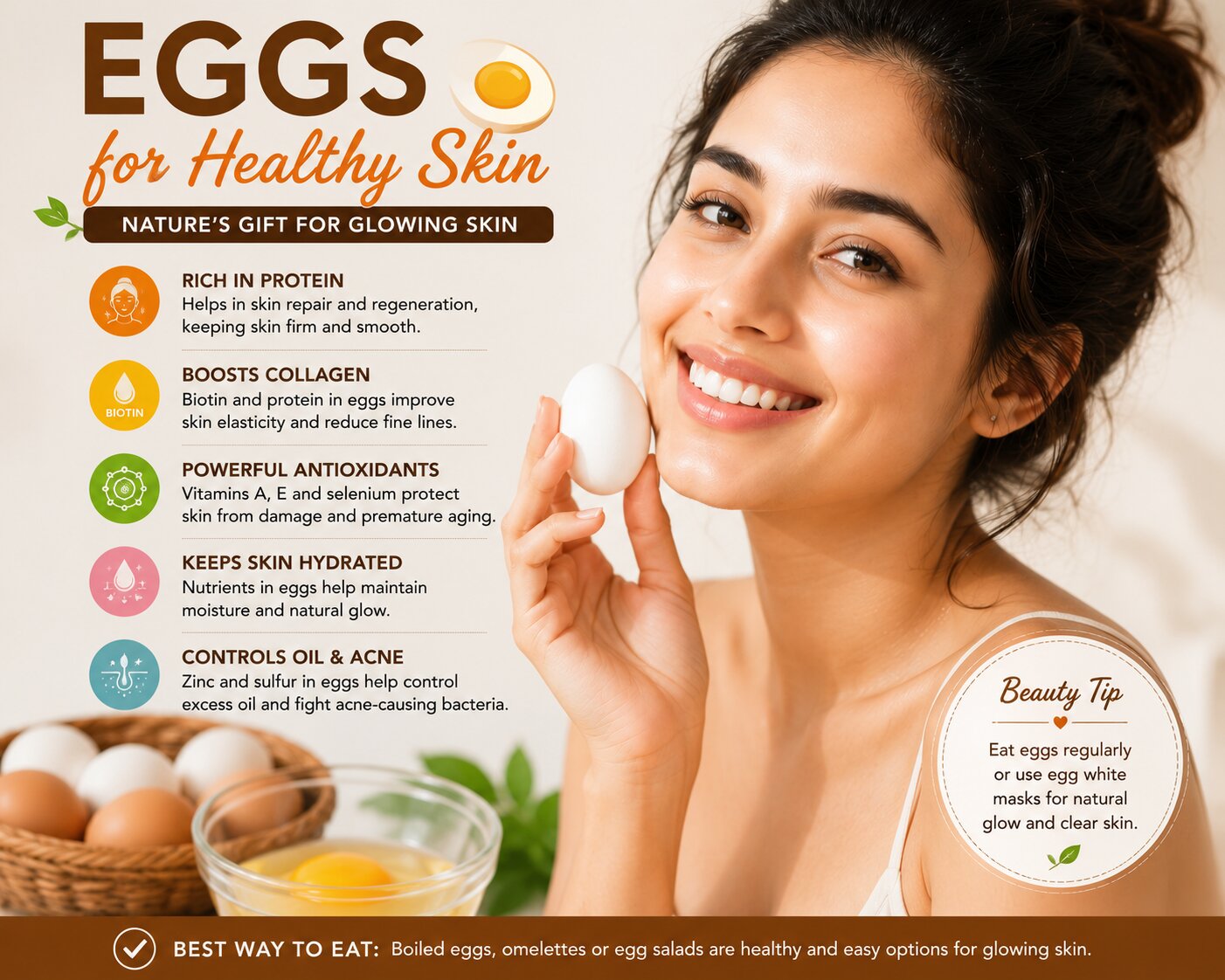 Woman holding egg highlighting benefits of eggs for healthy glowing skin and collagen support