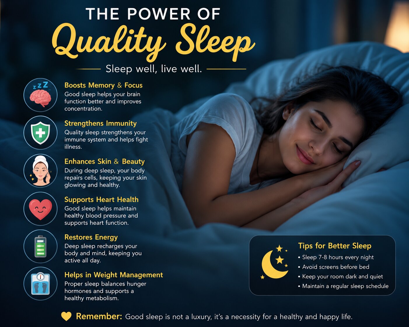 Infographic showing the benefits of quality sleep including better immunity, glowing skin, improved focus, and overall health